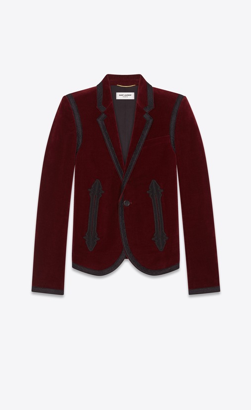 SAINT LAURENT Blazer Jacket Woman Embroidered jacket in burgundy velvet a_V4
